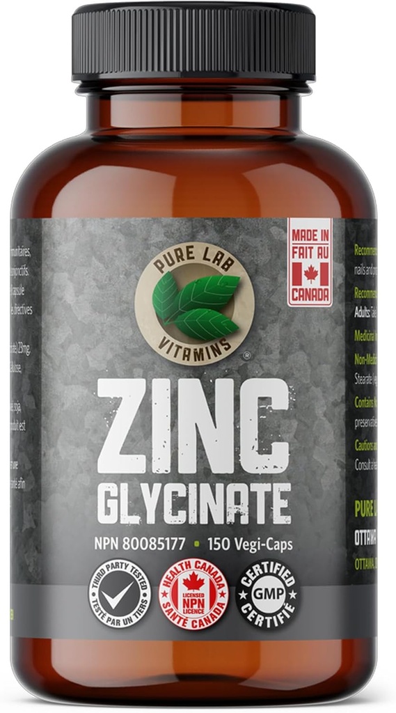 Cynk Glicynian 23 mg Suplement - 150 Wegan Czapki przez Czyste Witaminy Lab - Amino Acid Sól dla zdrowej skóry i paznokci - Wspiera System immunologiczny, Prostan, Wizja - Made in Canada