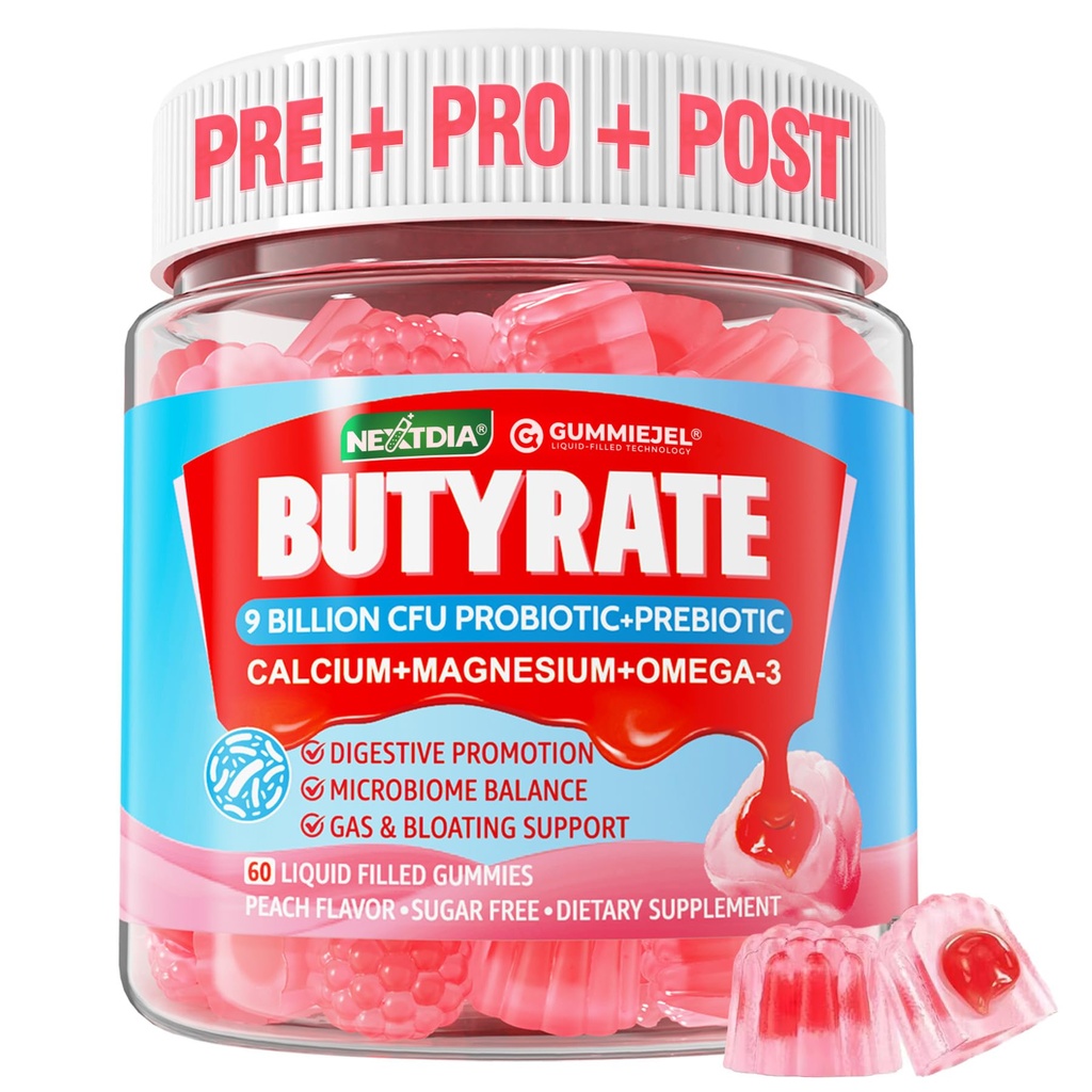 Gumy butyrate z Probiotykiem + Prebiotykiem + Postbiotykiem, Omega-3 500mg, włókno z 9 Miliard CFU Probiotyki, Wapń & Magnez, Inulina, Pyllium Husk dla zdrowia trawiennego, Podtrzymywanie wzdęcia, Cukier wolny