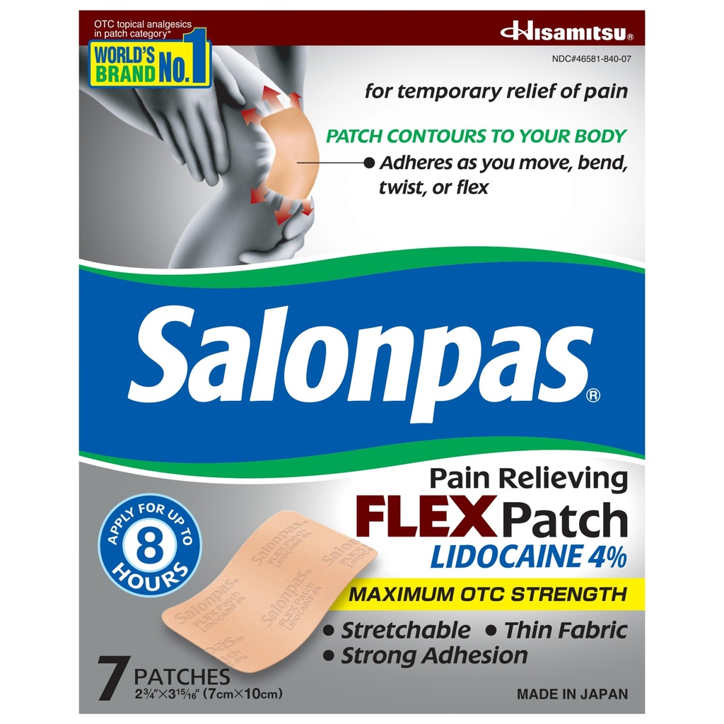 Salonpas Maksymalna moc pozagiełdowa Lidokaina 4% Łata uśmierzająca ból FLEX, Stosować do 8 godzin, Niezapachowy, Cienki, Elastyczny, Lekki, Staje Patch w miejscu, 7 Łaty