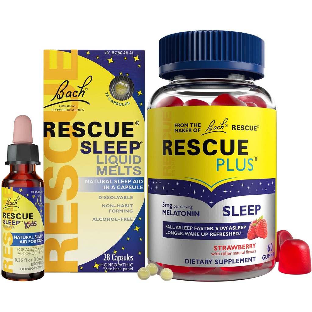 RESCUE Nighttime Sleep Aid Bundle, 3Pk - Bach Sleep Kids Dropper, 10 ml Sleep Liquid Melts, 28Ct Plus Sleep Gummies with 5 mg Melatonin / dawkę, 60Ct