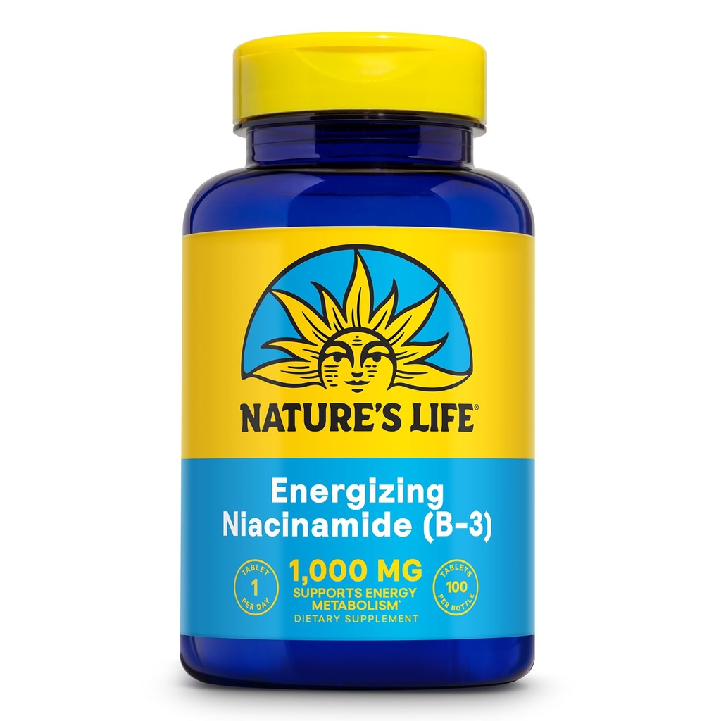 Natura 's Life Energizing Niacinamid, Witamina B3 1000mg - Wysoka potencja, No Flush Niacin Supplement - Nerve Function, Energia i wsparcie metabolizmu - 60- Day Guarantee - 100 Służb, 100 Tabletki