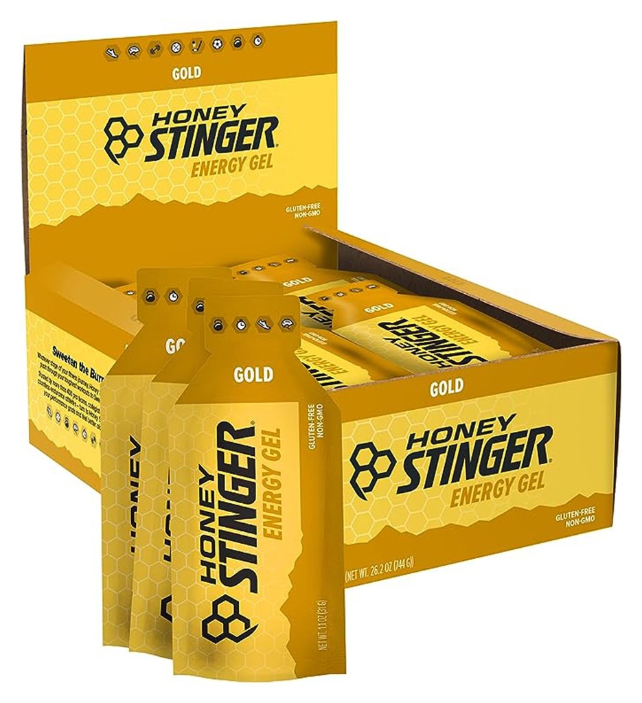 Honey Stinger Gold Energy Gel, Gluten Free & Kofeina Free, do ćwiczeń, Bieganie i osiągi, Żywienie sportowe do domu i siłowni, Przed i w połowie treningu, 24 Pack, 26.4 unce