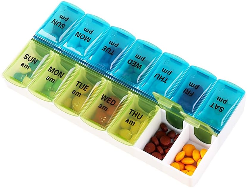 Cotygodniowy Dispenser Organizer Pill, 2 razy dziennie, One- Side Open Pill Box 7 Day Medicine Planner for Easy Filling, AM PM Pill Case for Vitamin, Medykacja, Suplementy, Oleje rybne, Niebieski + zielony