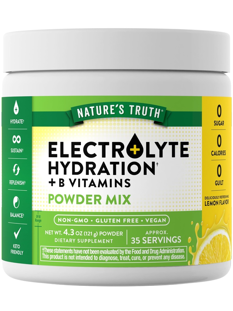 Nature 's Truth Electrolytes Powder Between 124; No Sugar Between 124; with B Vitamin Between 124; Odświeżające Lemon Flavor Between 124; Wegan, Non-GMO & Gluten Free Supplement for Hydration