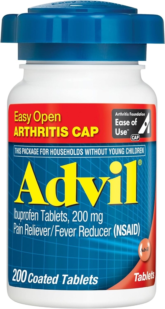 Advil (200 Count) Easy Open Artretitis Cap Pain Reliever / Fever Reducer Coated Tablet, 200mg Ibuprofen, Tymczasowa ulga bólowa