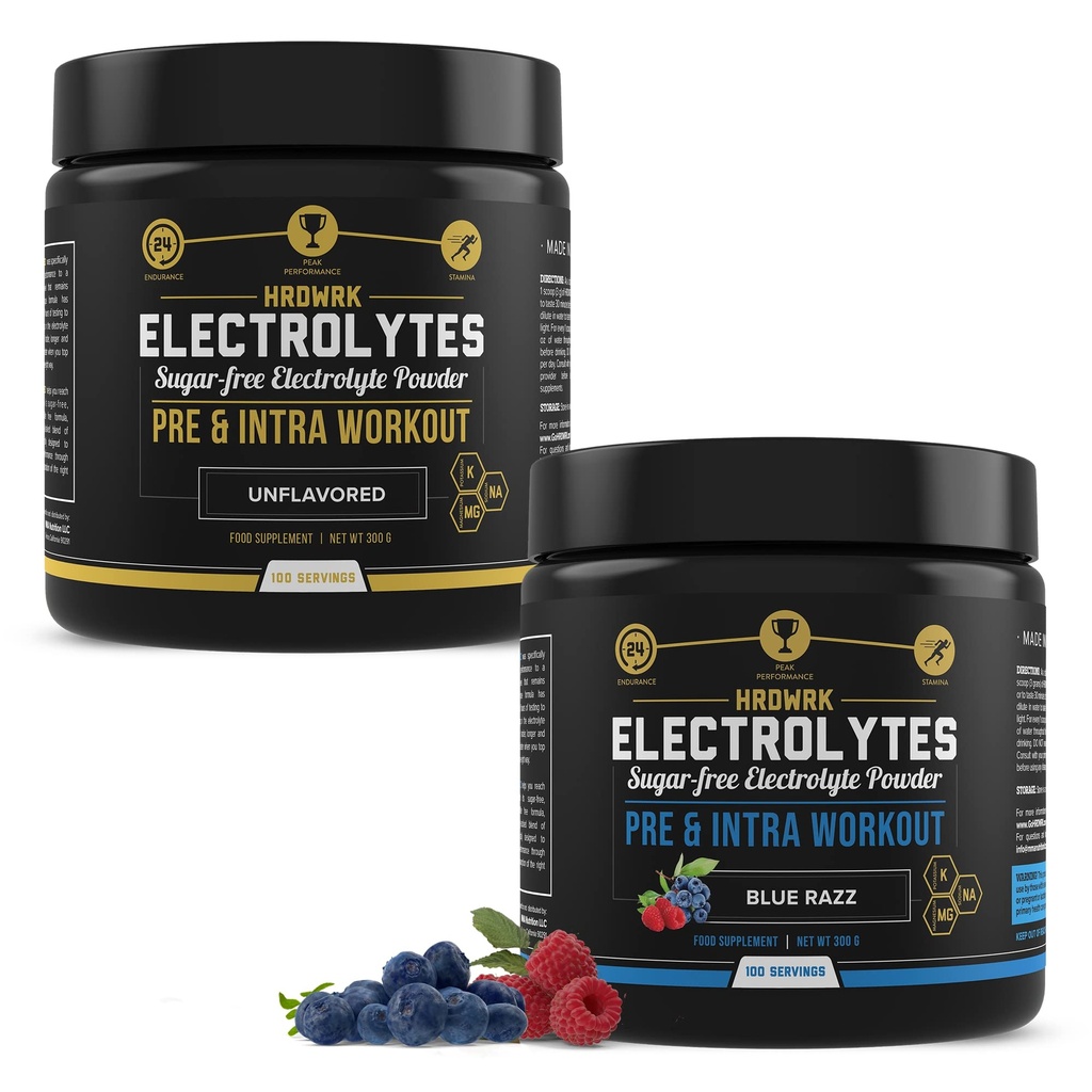 MMA Nutrition HRDWRK 100 Służenia Keto Electrolytes Proszek Hydration Sugar Free - Electrolyte Proszek do zwiększenia wytrzymałości i zmniejszyć zmęczenie z suplementem Electrolytes - Unflavored & Blue zestaw malinowy