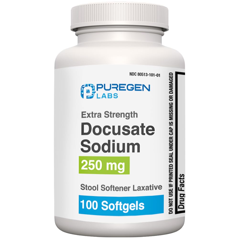 Docusate Puregen Labs Sodu 250mg Stool Softener Laxative 124; 100 Softgels 124; Delikatne zaparcia Relief 124; Dodatkowa siła 124; Stymulant wolny