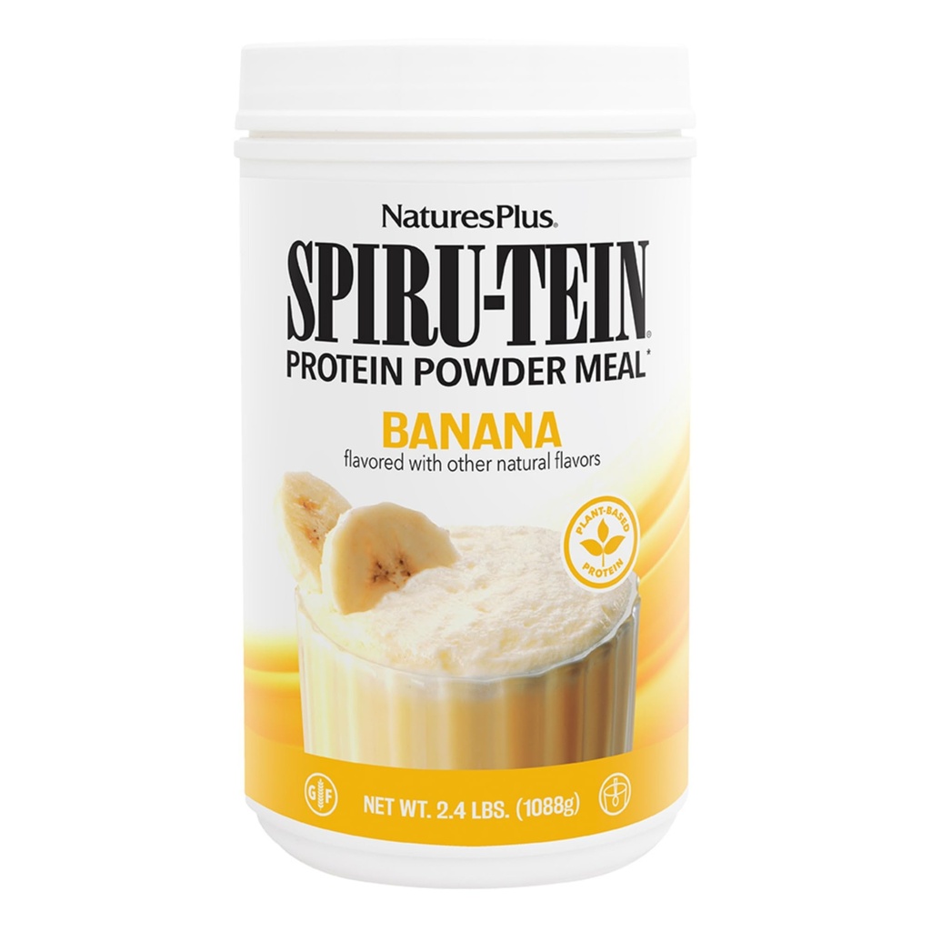 NaturesPlus SPIRU- TEIN Wstrząs - Smak bananowy - 2,4 kg, Proszek z białka Spirulina - roślinna wymiana posiłków, Witaminy i minerały dla energii - Wegetarianin, Bez glutenu - 32 Słupki