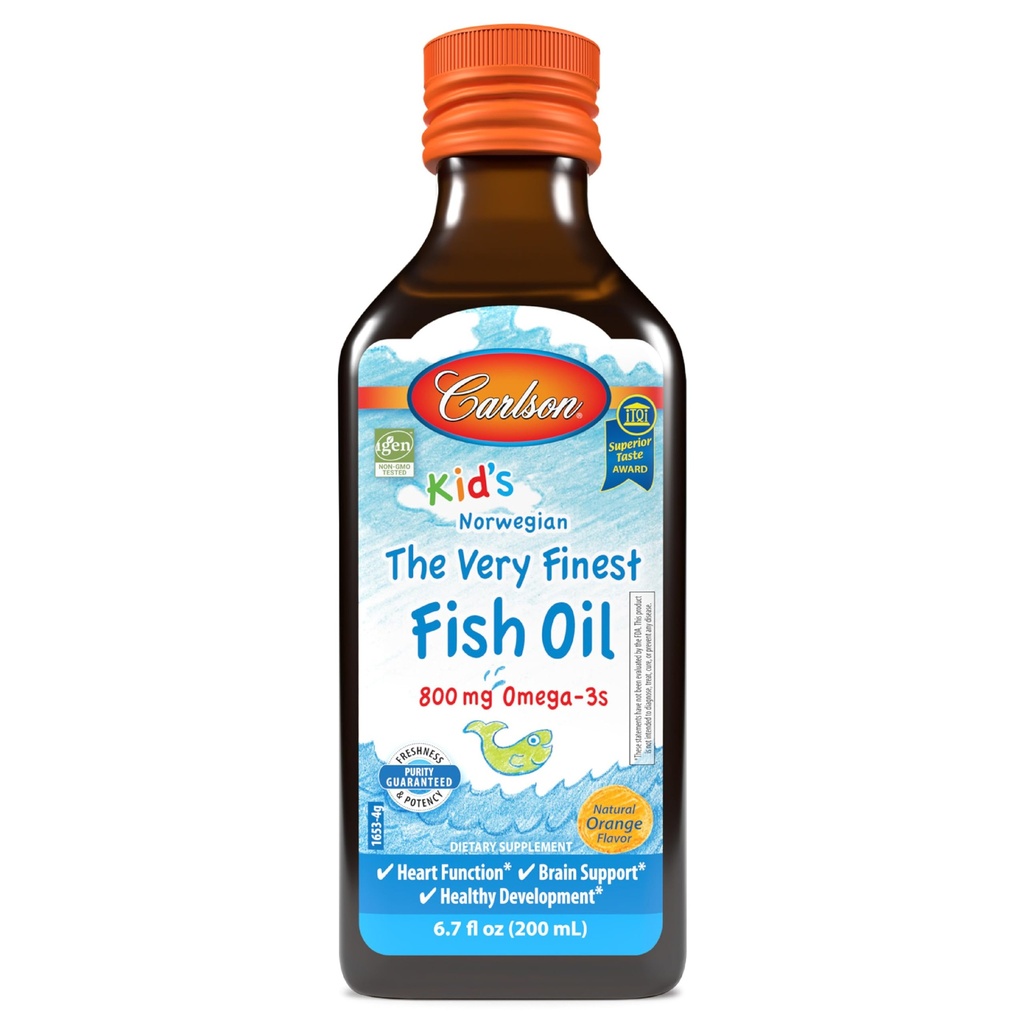 Carlson - The Kid 's The Very Finest Fish Oil, 800 mg Omega- 3s, Norweski, Zrównoważony smak, Pomarańcza, 200 ml