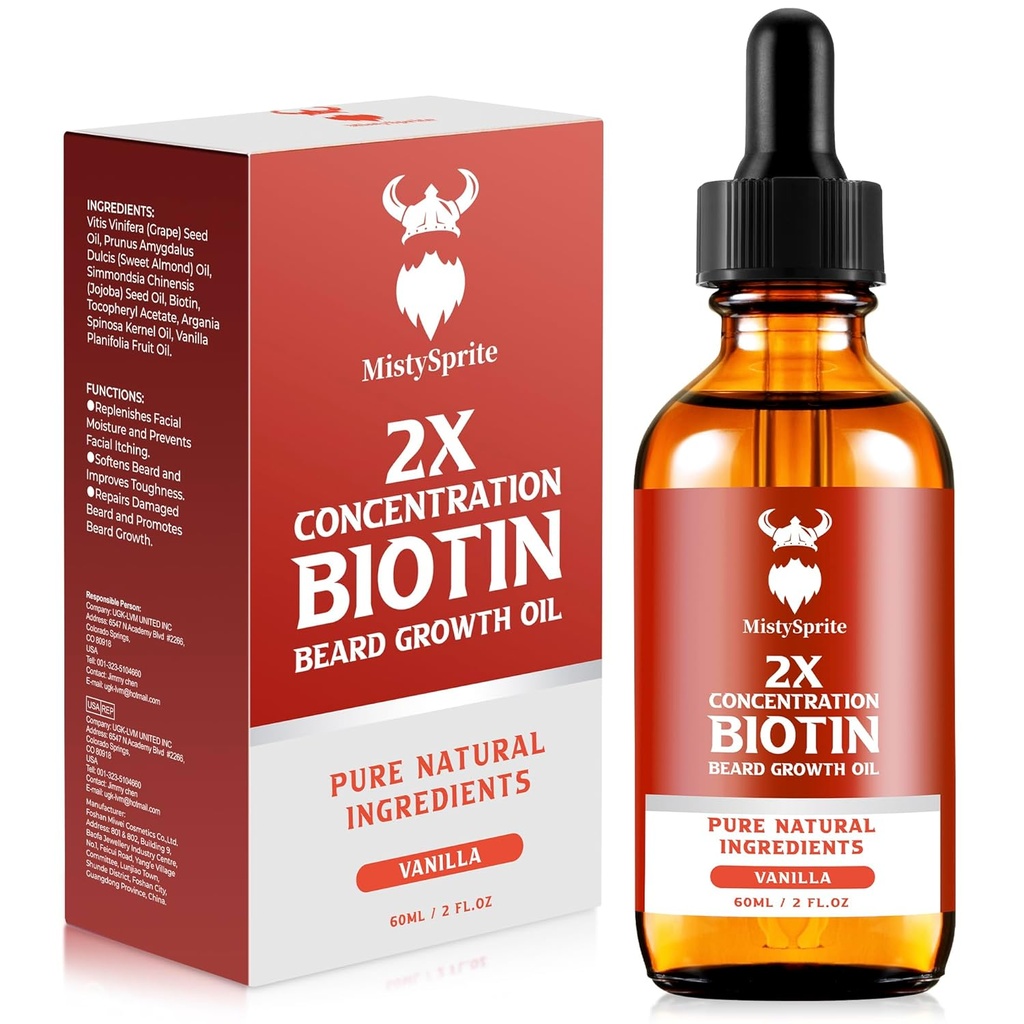 Beard Growth Oil - 2X Koncentracja Biotin dla mężczyzn (2 oz) - Natural With Argan, Jojoba i witaminy, Softener wzrostu, Moisturizer (Vanilla)