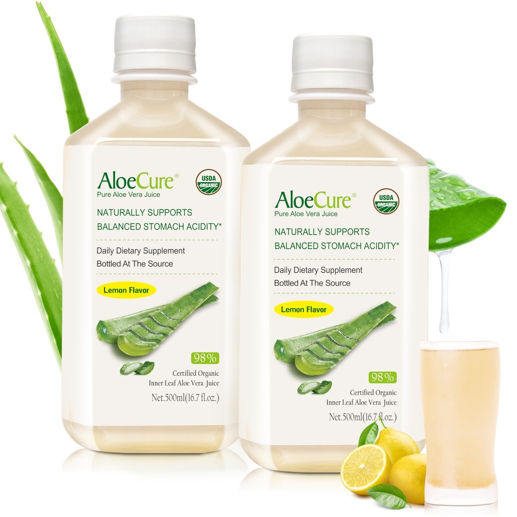 AloeCure USDA Organic Aloe Vera Sok Lemon Flavor - Made In 12 Hours of Harvest - Natural Digestive Supplement for Balanced Stomach Acidity - Support Digestive and Immune Health, 2 Btls x 16.7oz