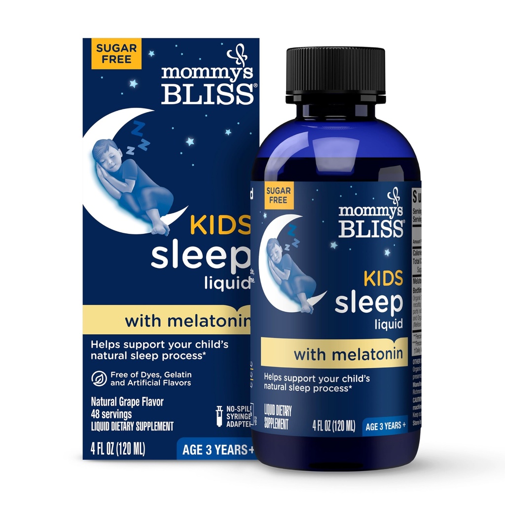 Mamuśka Bliss Kids Sleep Liquid z Melatonin & Calming Herbs 124; Melatonina dla dzieci 3 lata & Up 124; Flavor winogronowe 124; Cukier wolny 124; 4 Fl Oz (60 Sług)