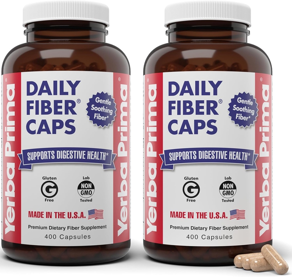 Yerba Prima Daily Fiber Caps Formula 400 Capsules (Pack of 2) - Both Soluble/Insoluble Fiber with Psyllium Seed Husks, Acacia Gum, Apple Fiber Supplement