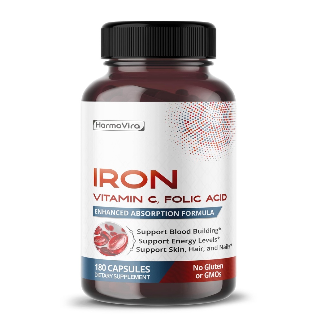 Żelazo liposomalne z witaminą C, kwasem foliowym, B12, B6, B1 - Wsparcie Energetyki i Czerwonej Krwi Formacja - Gentle Formula - 180 Kapsułki - Nie- GMO, Gluten- Free Made in USA *