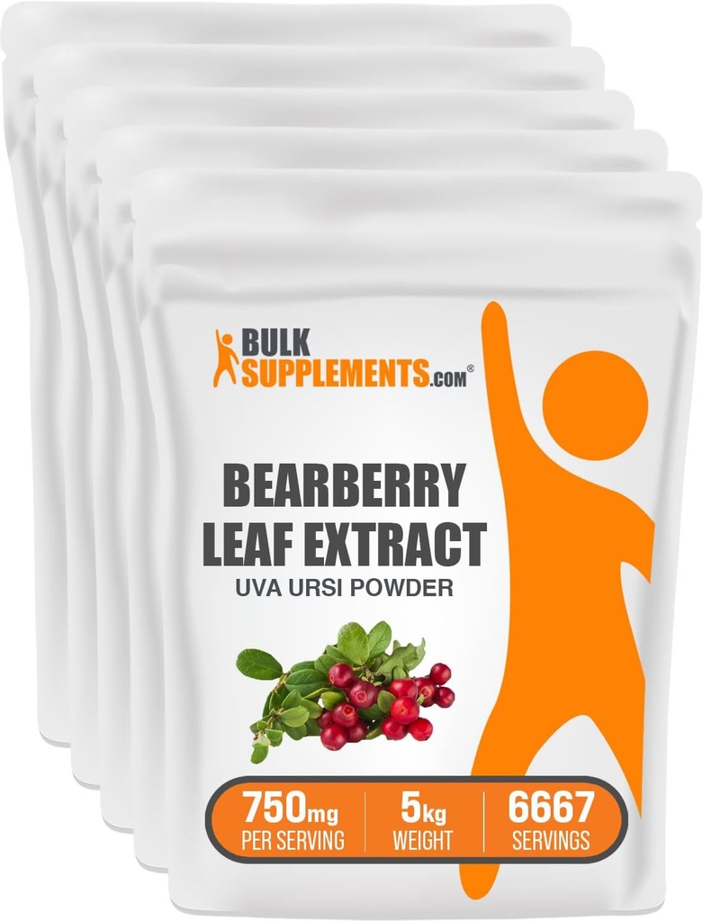 BulkSupplements.com Bearberry Leaf Extract Powder - Uva Ursi Extract, Bearberry Supplement, Bearberry Leaf Powder - Vegan & Gluten Free, 750mg per Serving, 5kg (11 funtów) (Opakowanie 5)
