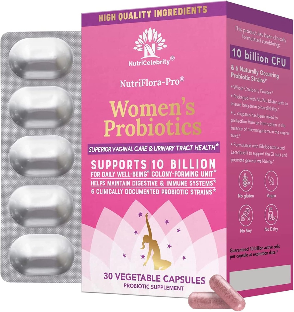 Nutric Celebrity Nutric Flora- Pro Probiotyki dla kobiet - Wsparcie Vaginal, Zdrowie moczu (UTI), System trawienny, Ból w okresie, Yeast i BV Relief, Żurawinowe pigułki, 10 Miliard CFU 6 Szczepy (30 Caps)