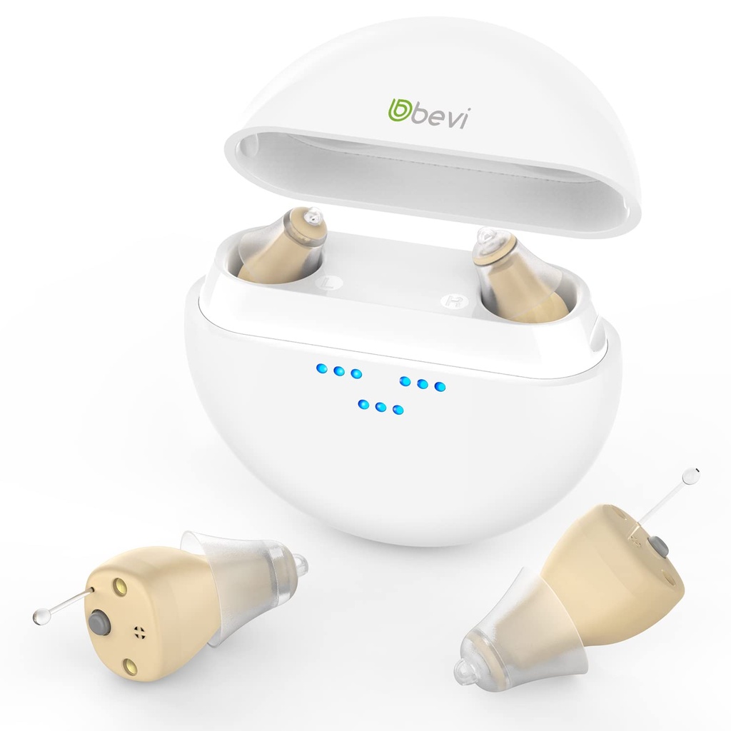 BEVI 12 Kanał Digital Hearing Aid with Charging Case, Rechared Hearing Aid for Seniors Adult, Hearing Aid for Seniors Rechared with Noise Cancelling, OTC Invisible Hearing Aid Beige
