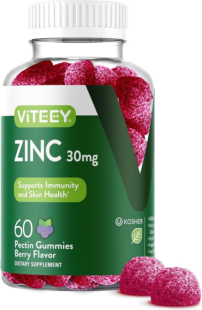Gummy cynkowe Viteey dla kobiet i mężczyzn - Suplement do wsparcia immunologicznego - 30 mg - Wegan, Żelatyna wolna, Nie GMO - 60 Count