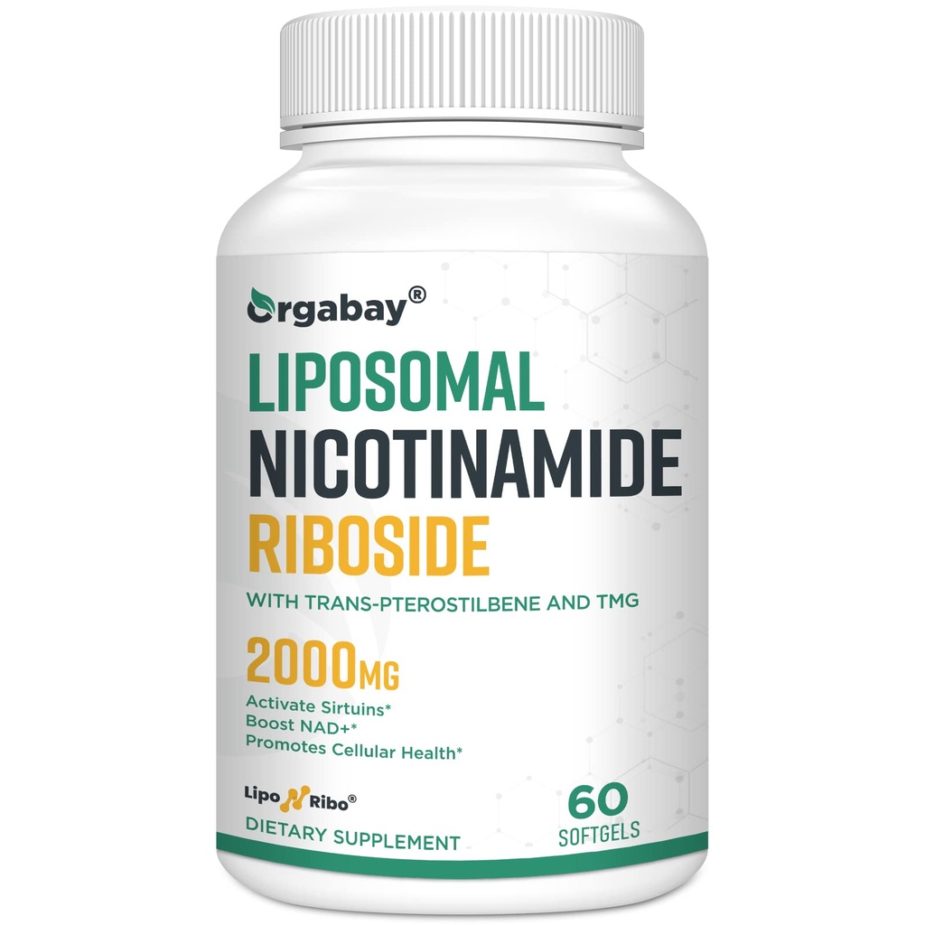 Orgabay Liposomal Nikotynamid Riboside 2000 MG z TMG i Pterostilbene, Zwiększenie NAD +, Wsparcie zdrowego starzenia, 60 Hrabia