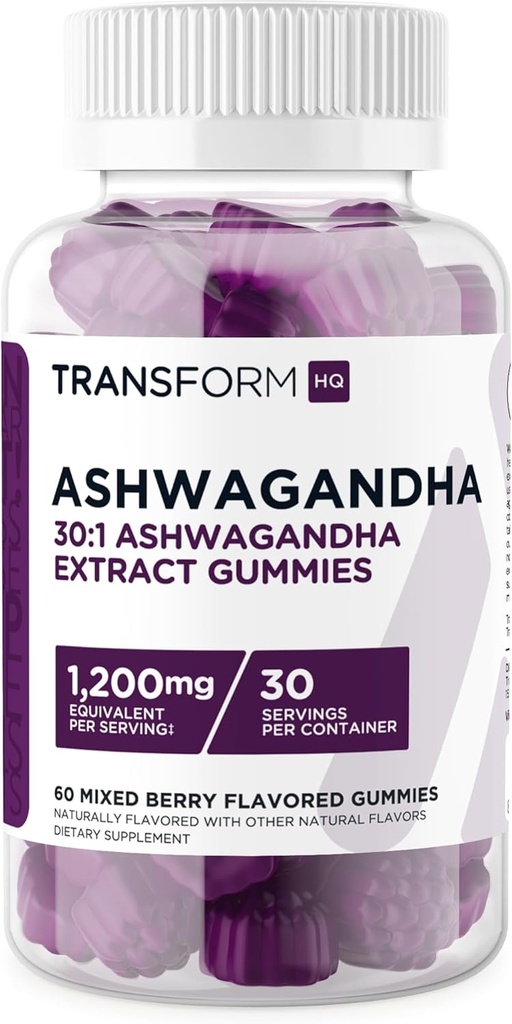TransformHQ Ashwagandha Gummies 1,200mg, 60 Gummies (Mieszany Flavor Berry) - Ashwagandha Herbal Extract Supplement - 30 Servings, Gluten Free, Non-GMO