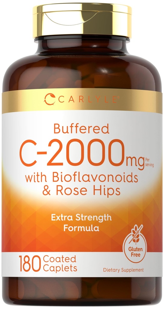 Carlyle Buffered Witamina C 124; 2000mg 124; 180 Kapsułki 124; z Bioflavonoids i Rose HIPS 124; Wegetariański, Non-GMO i Gluten suplement wolny