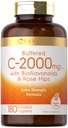 Carlyle Buffered Witamina C 124; 2000mg 124; 180 Kapsułki 124; z Bioflavonoids i Rose HIPS 124; Wegetariański, Non-GMO i Gluten suplement wolny