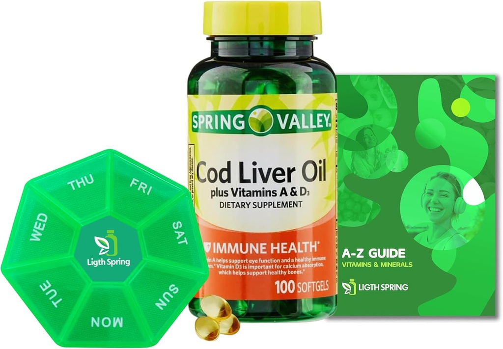 Spring Valley Cod Liver Oil Plus Witaminy A & D3, 100 softgels, Funkcja Oko wsparcia i zdrowe, Paleta z witamin i minerałów Ligth & Przewodnik wiosna
