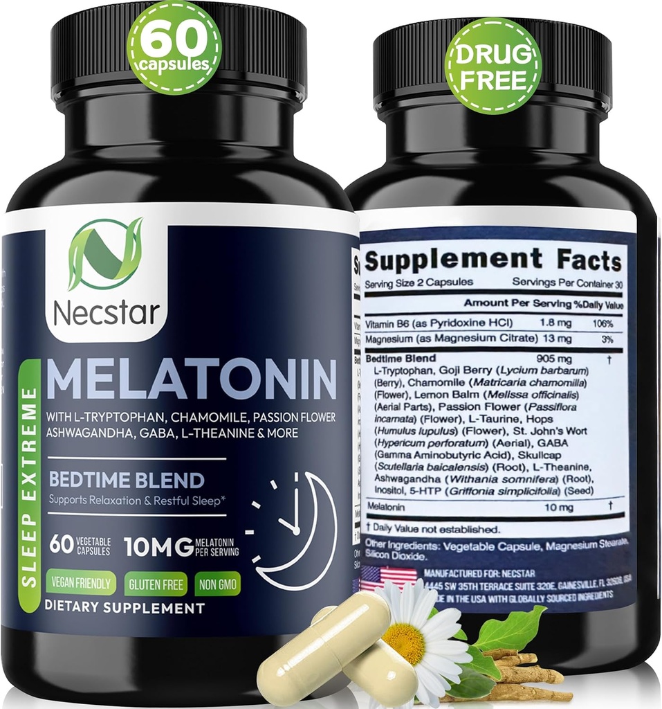 Necstar Melatonin 10mg, Sen Pomoc dla dorosłych, Dodatkowa siła z Ashwagandha, Magnez, L- Theanine, GABA, Lemon Balm i Rumomile Sleep Supplement Supplement, Wegan, Non-GMO, Gluten- Free, 60 Kapsułki