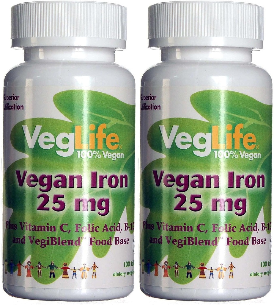 WegeLife Vegan Żelazo 25 mg Witamina C, Kwas foliowy, B- 12 i VegiBlend Food Base 124; Żelazo na bazie roślin suplement dla kobiet i mężczyzn 124; 100 Tabletki