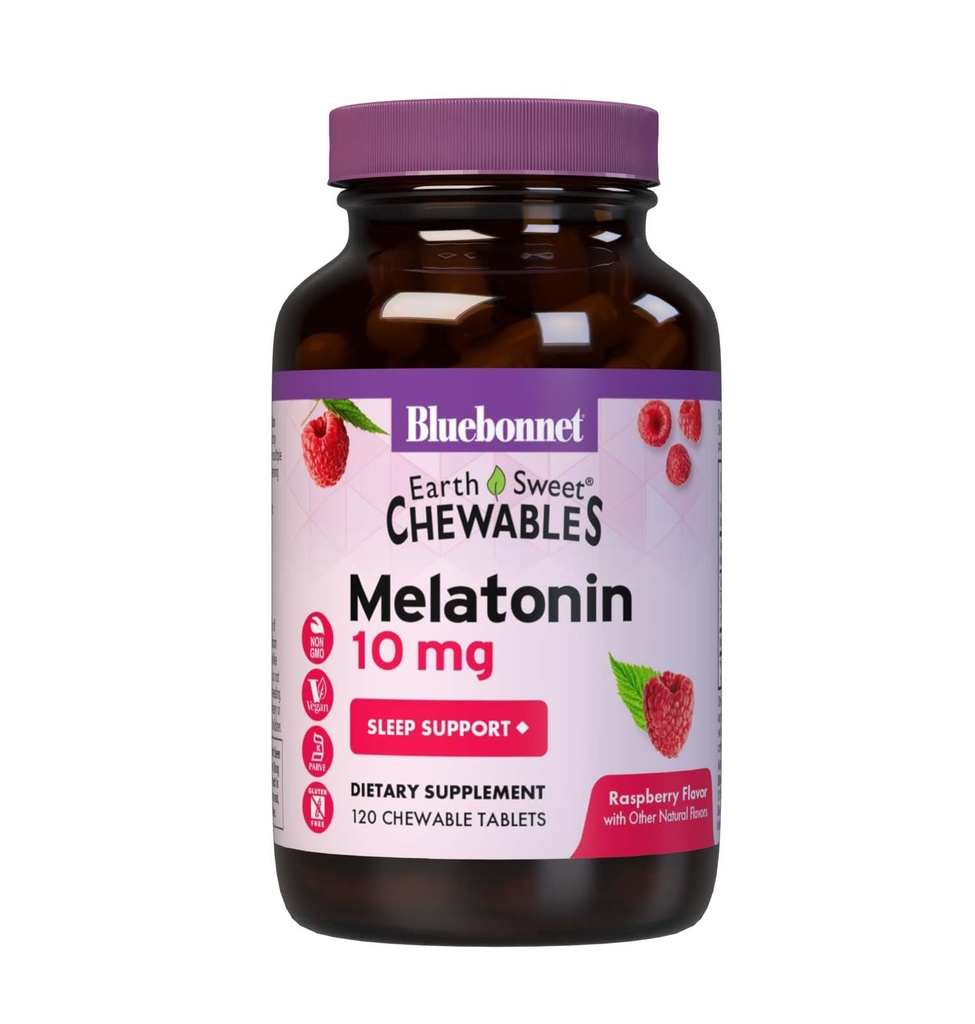 BlueBonnet Nutrition EarthSweet Melatonina 10 mg Szybkie szybkie rozpuszczenie nocnego relaksacji i niespokojne wsparcie snu - Pomoc na sen - Bez glutenu, Wegan - Malina Flavor - 120 Tabletki do żucia