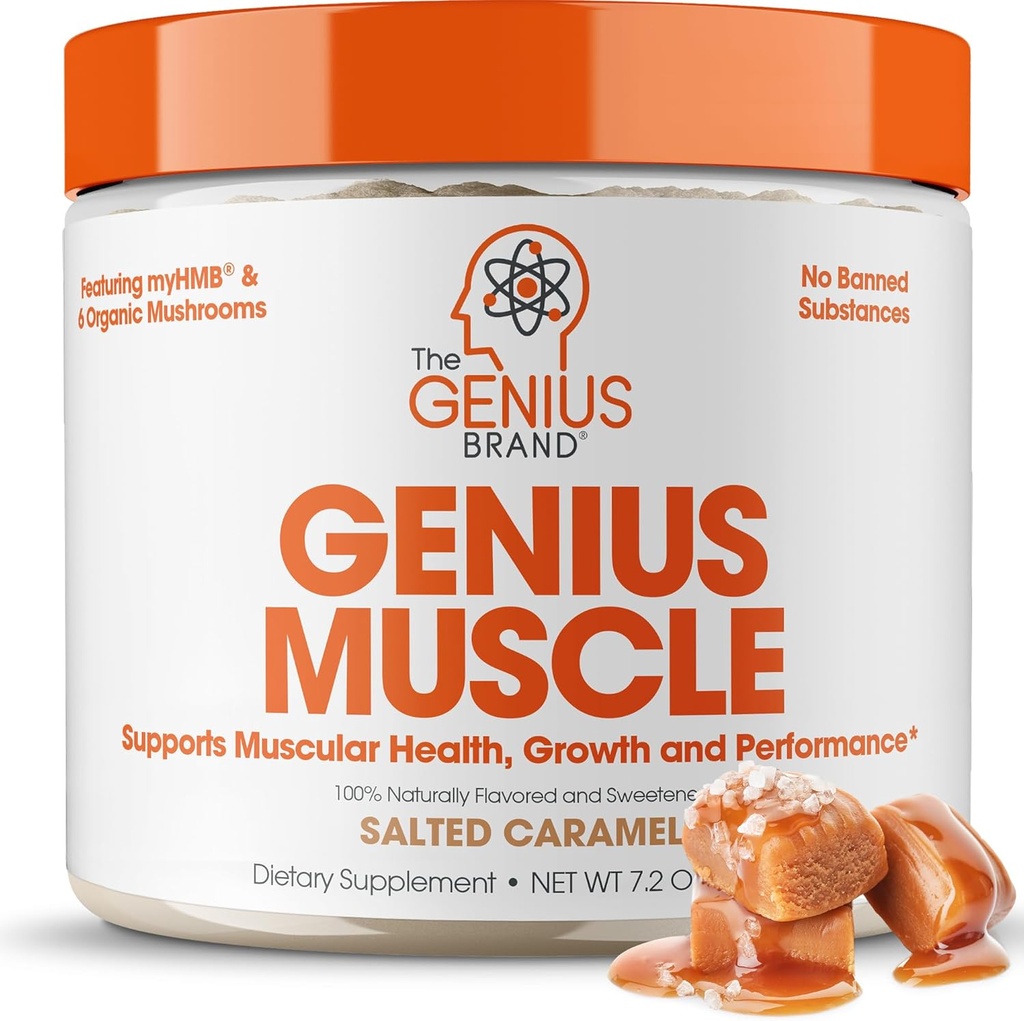 The Genius Brand Genius Muscle - Muscle Health Supplement for Growth, Endurance & Recovery - Non-Hormonal Formula - 6 Organic Mushrooms - Naturally-Sweetened - 30 Servings - Salted Karmel