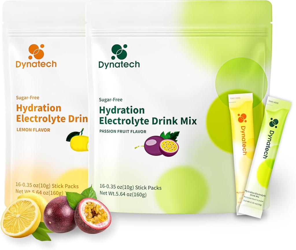 Dynatech Zero Sugar Electrolyte Drink Mix - Lemon Adjust Passion Fruit - Hydration Powder Pakiety z 10 Electrolytes & Vitamins Birmingham 124; Non- GMO, Gluten Free, Wegan Electrolytes Powder Pakiety do stosowania w proszku