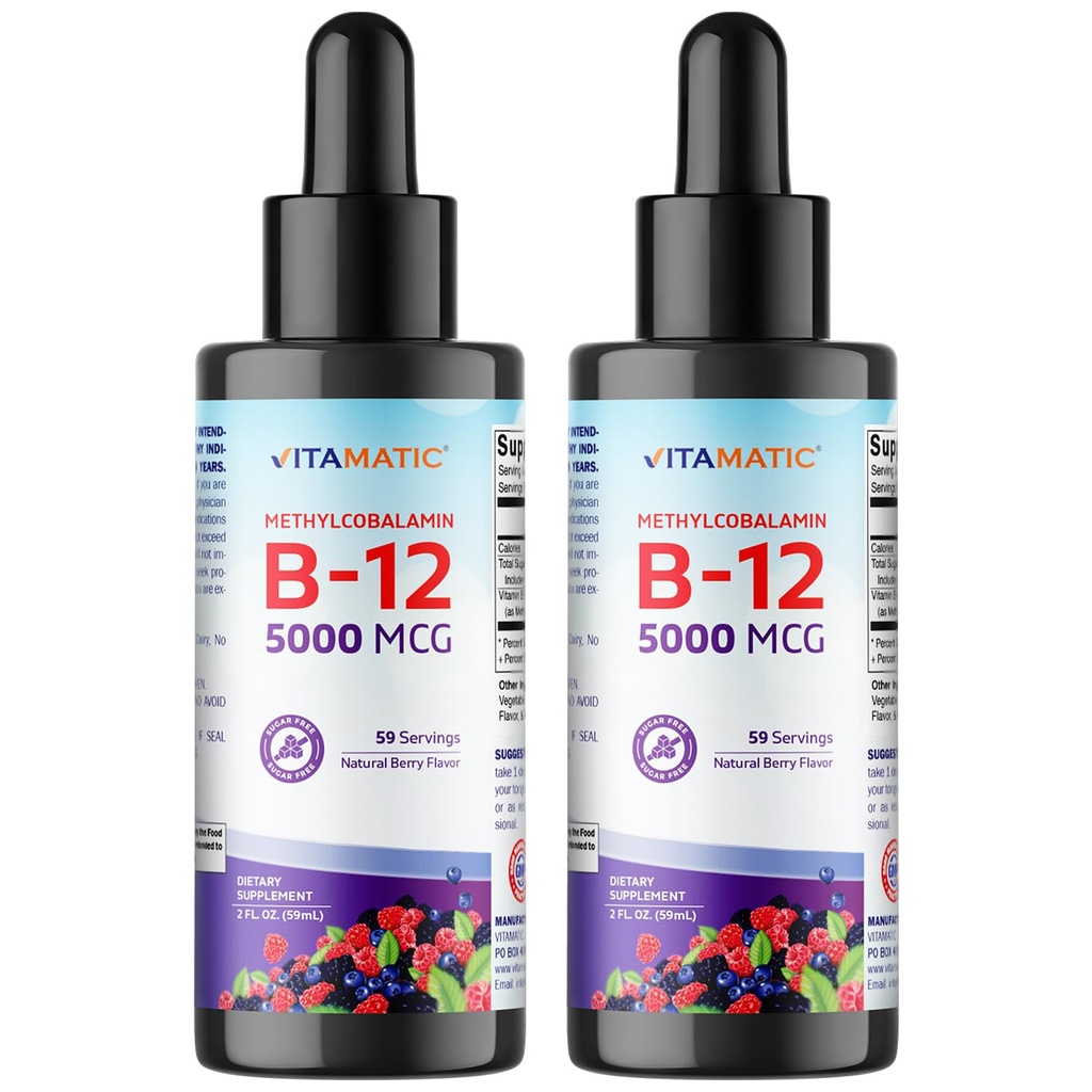 Witamatic 2 Pakiety szybko działające płynna witamina B12 5000 µg (Metylokobalamina) - Natural Berry Flavor - Suplement podjęzykowy - Szybsze wchłanianie - 2 OZ