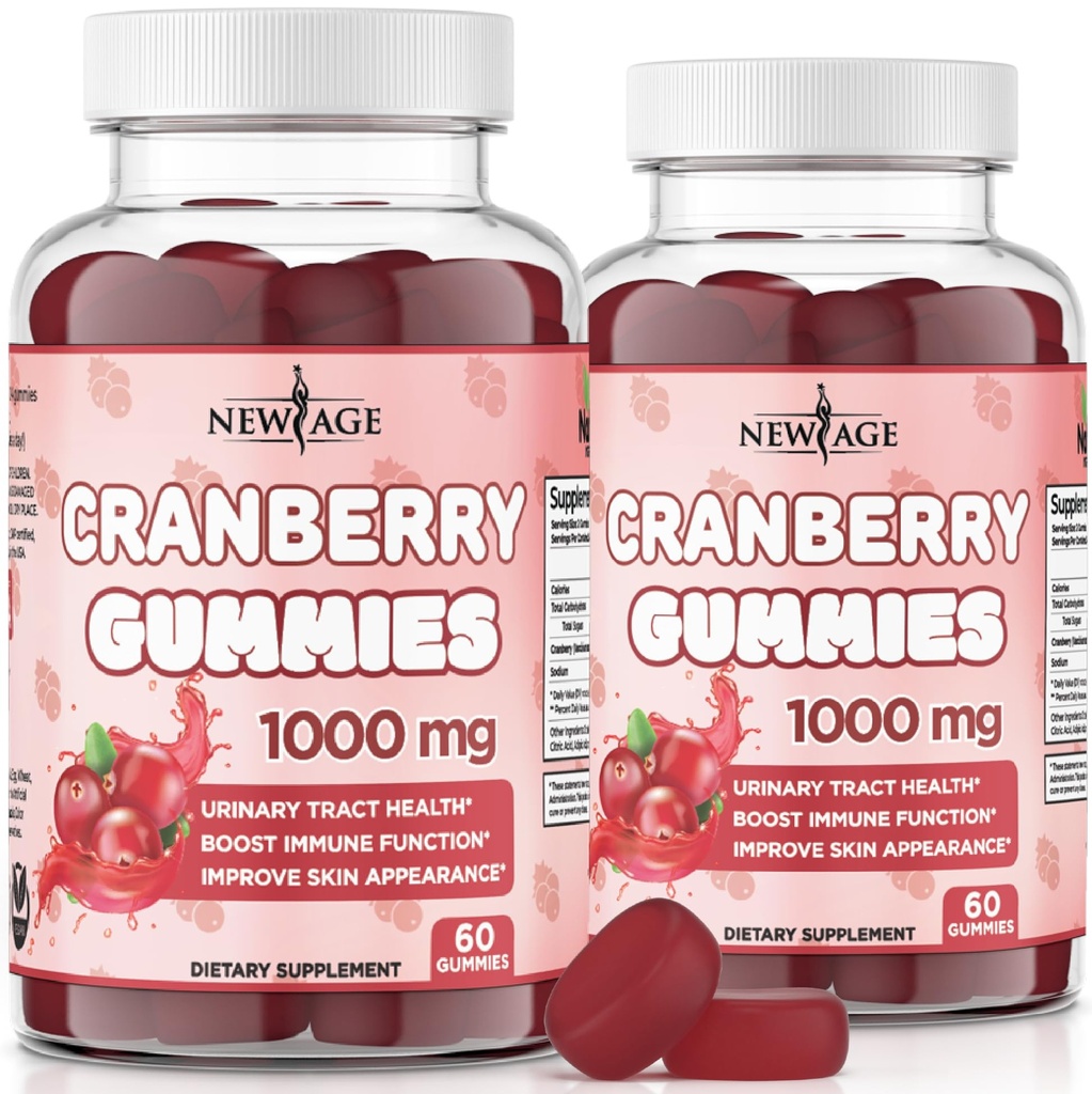 NOWY WIEK Żurawinowe Gummie Urnary Tract Health Gummies 1000mg - Wspiera Bladder, Nerki, UTI - Wegetarianin (Hrabia żurawiny 120)