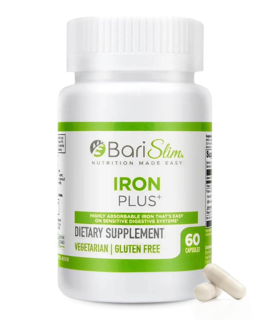 BariSlim Iron Plus kapsułki - Przeznaczone dla pacjentów po zabiegu chirurgicznym utraty masy ciała, w tym obejście żołądka i rękaw Gastric - Łatwa trawienie i kompleksowe wsparcie zdrowotne 124; 2 Miesiąc dostaw (60 Służenie)