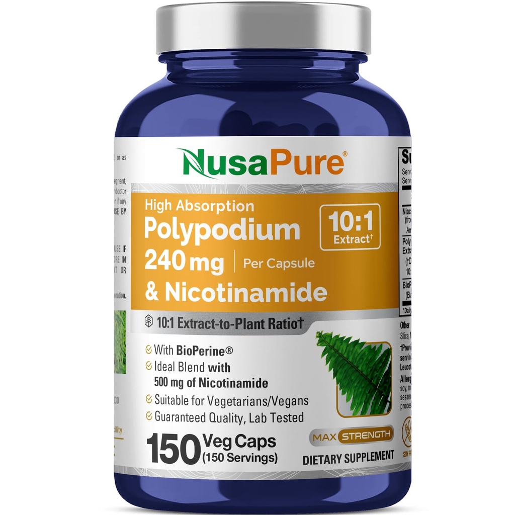 NusaPure Polypodium Nikotynamid 10: 1 Extract, 240 mg Ekwiwalent do 2,400 mg na Veg Caps - 150 Count (Non-GMO, Soyfree, Bioperine)