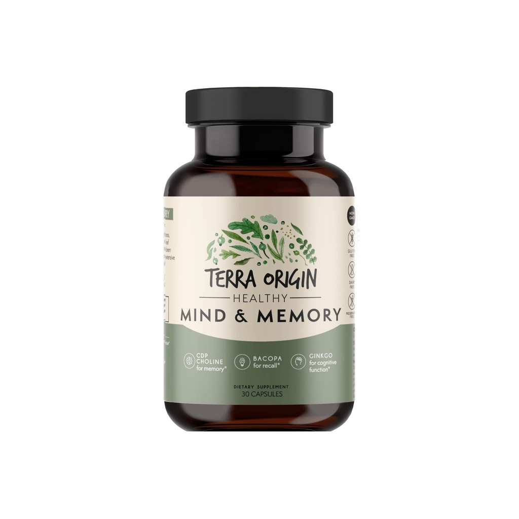 TERRA ORIGIN Healthy Mind and Memory Supplement Supplement Amend124; Cognitive Memory Matrix Amend124; Nootropic CDP, Bacopa, L- Tyrosine, Huperzine A, Ginko, B12 Amend124; Non GMO, Gluten Free, Dairy Free Amend124; 30 Kapsułki