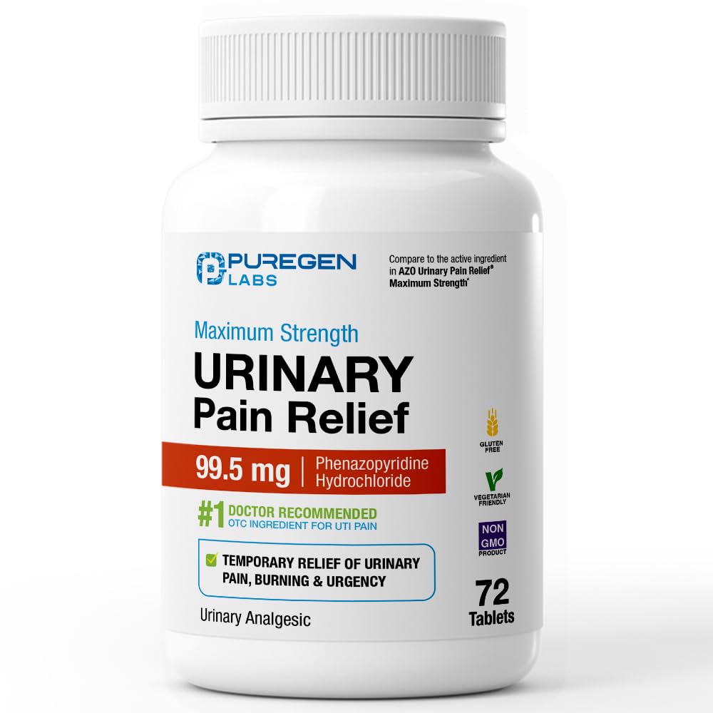 Puregen Labs Urynary Pain Relief Aviation 124; Fenazopyridine HCl 99,5 mg Tablets Evidence 124; Maksymalna moc pozagiełdowa dla szybkiej ulgi UTI Pain, Burning and Bladder dyskomfort - 72 Count Tablets