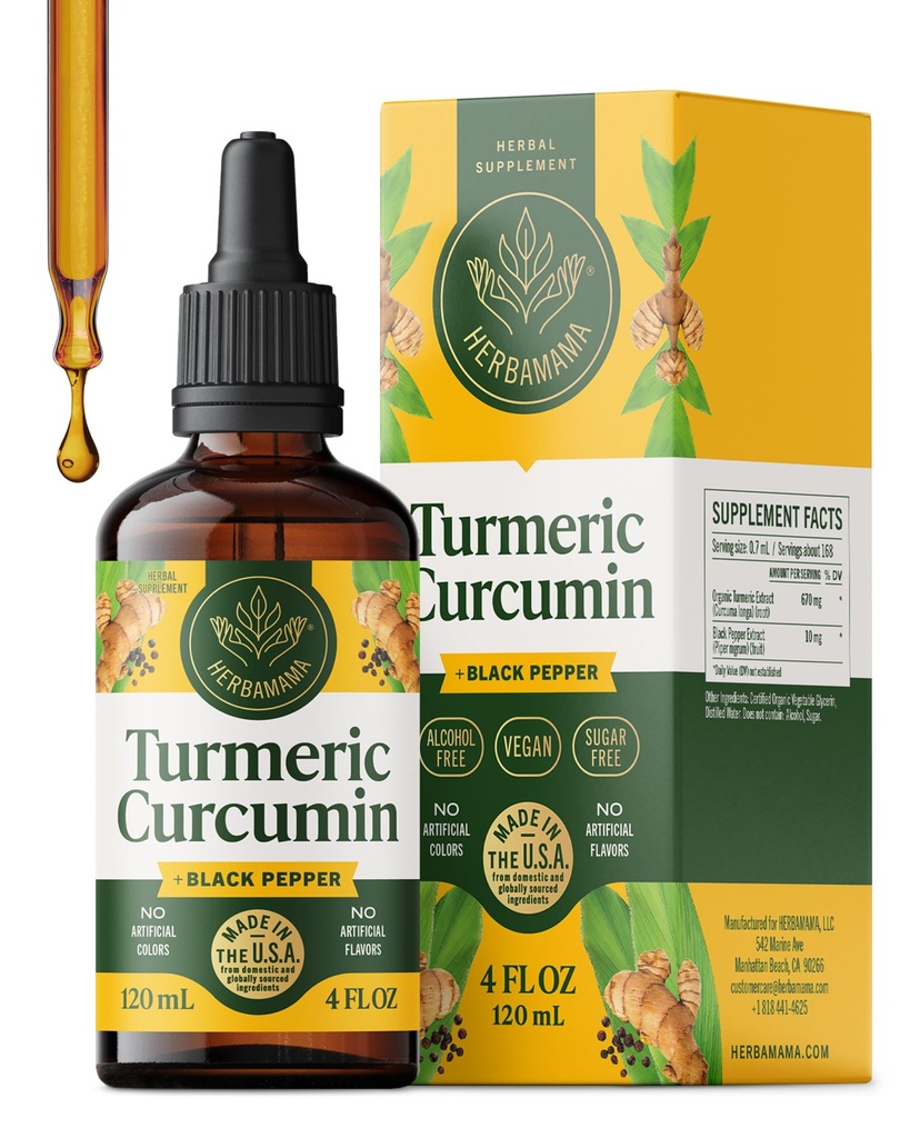 HERBAMAMA Turmeric Liquid Drops - Wegańskie immunologiczne, Digestive & Mobility Support z kurkumina kurkumina z ekstraktem Black Peppe - Non-GMO, Alkohol i Suplement Cukier - 56- Day Supply