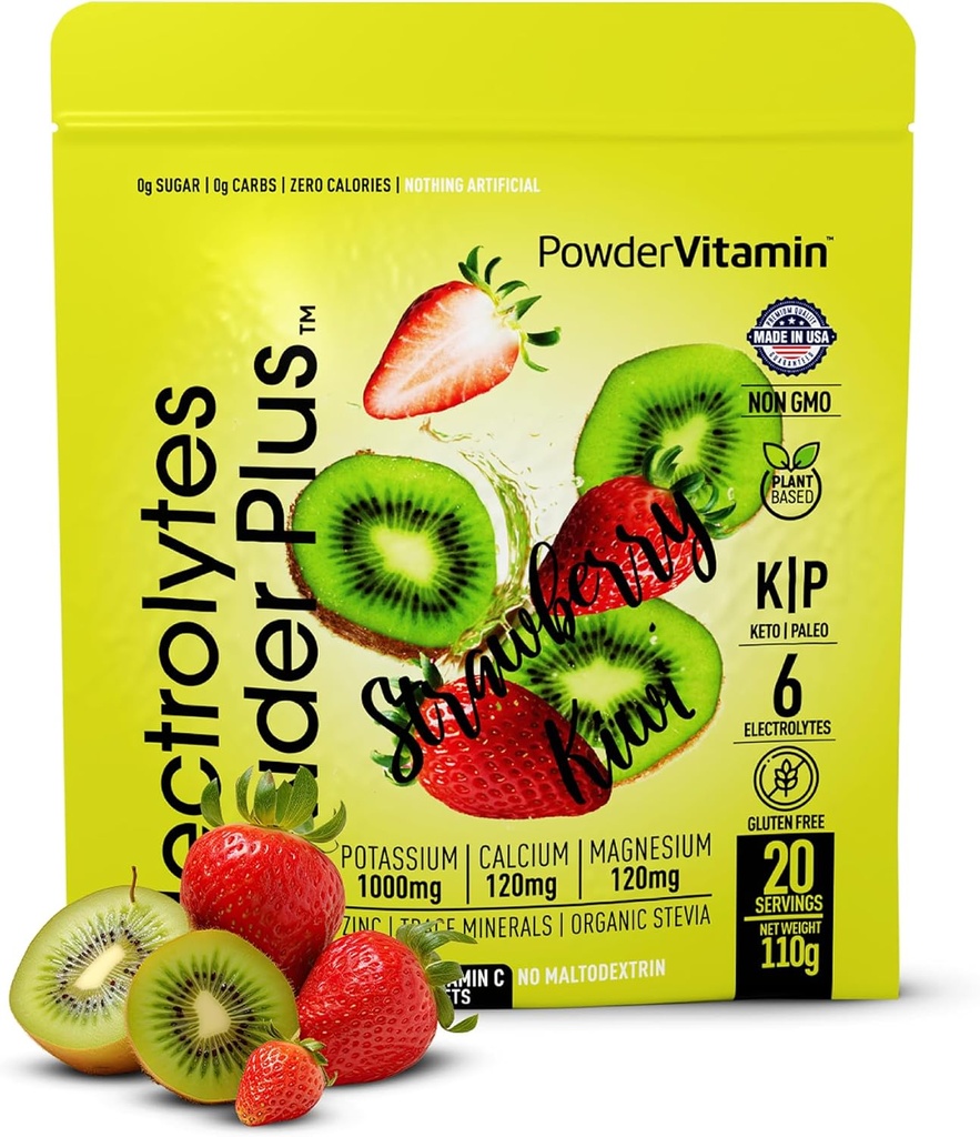 Proszek PowderWitamina Electrolytes Plus (20 Servings) Truskawka Kiwi Electrolyte Proszek Zero Calorie Keto, 0 Cukier, Nie Maltodekstryna, 1000mg potasu, 120mg wapnia, 120mg magnezu, Pink Himalayan Sól