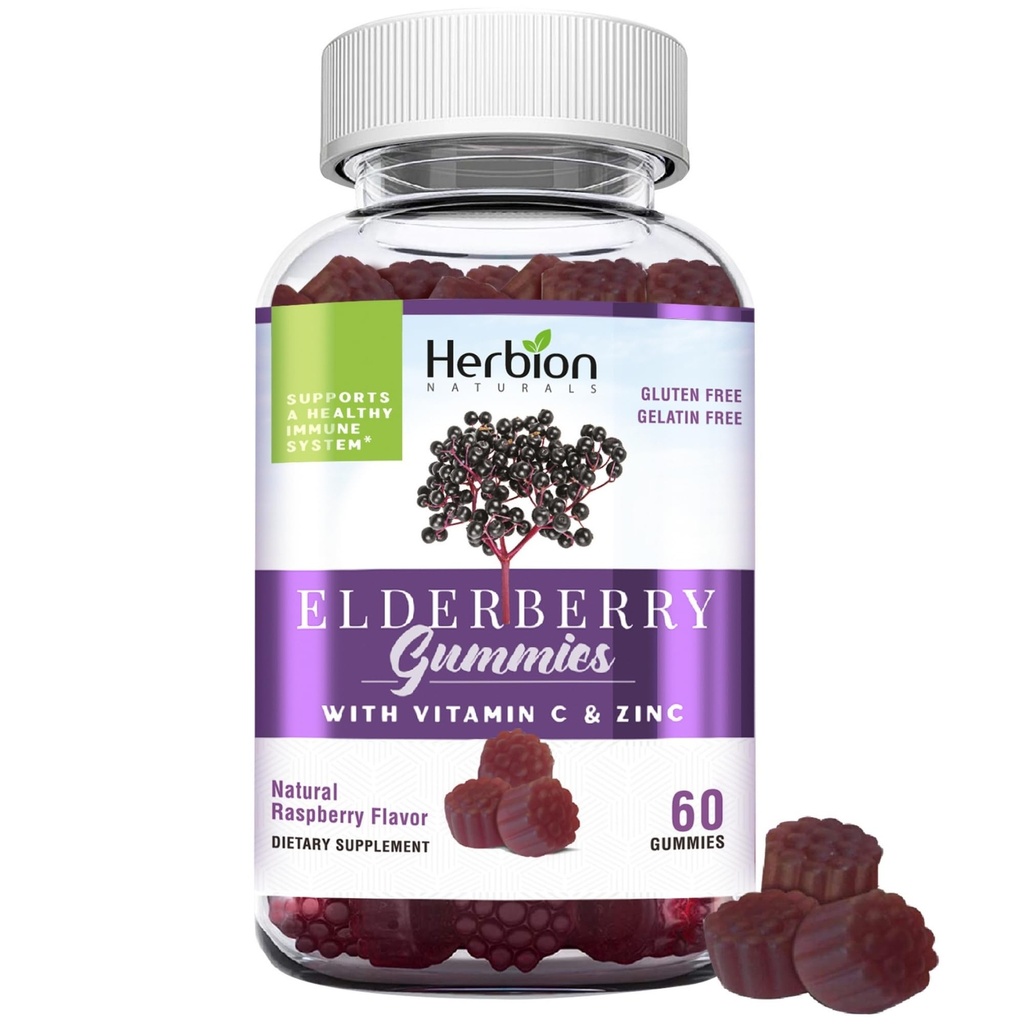 HERBION Elderberry Gummies z witaminą C & Cynk - Zdrowe wsparcie układu immunologicznego - Bezglutenowe i Żelatynowe - 60 Gummies dla dorosłych i dzieci 4 lata i powyżej - Made in USA, 60 Hrabia (Pack of 1)