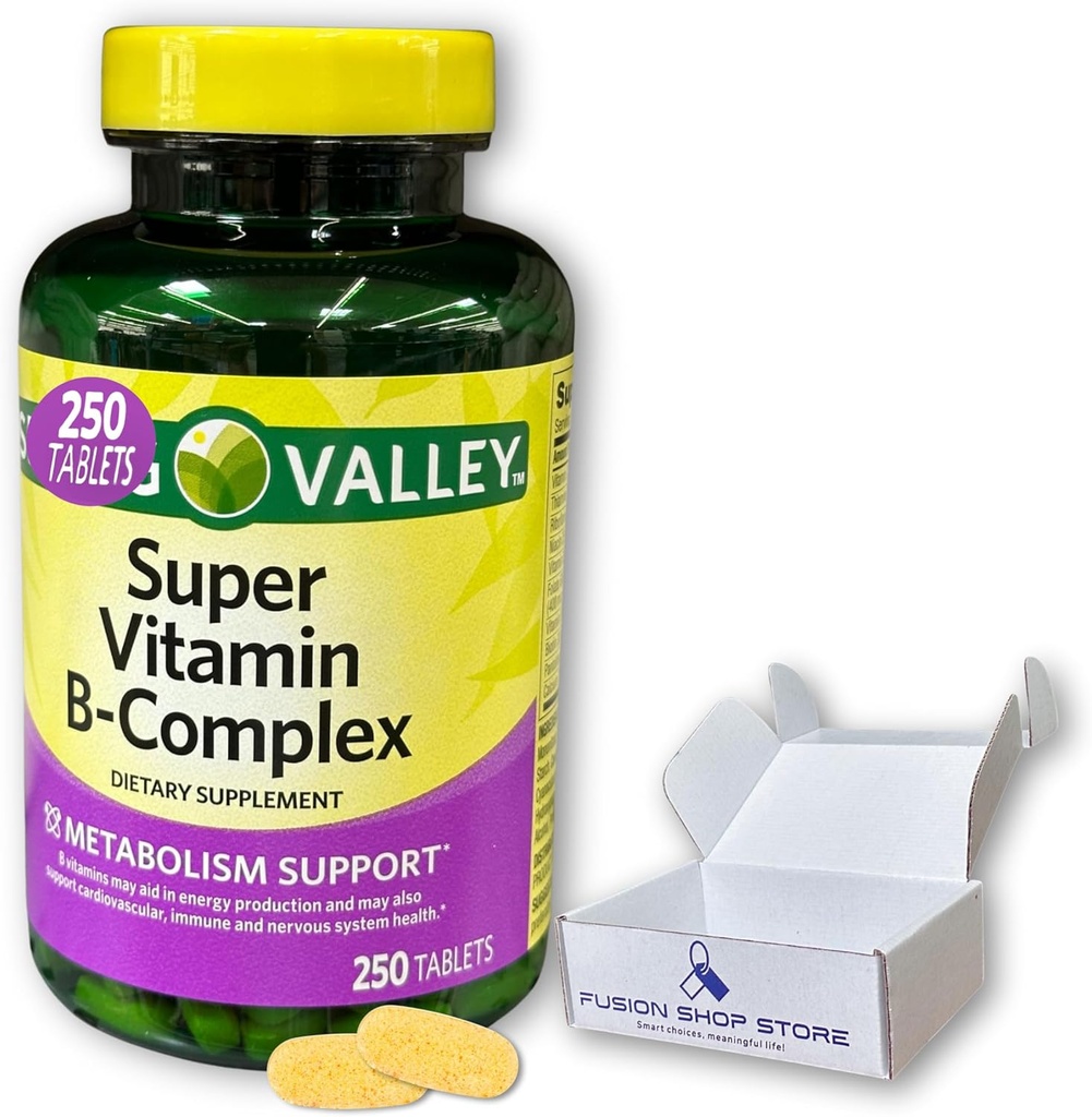 Super Witamina B Complex Spring Valley - Tabletki 250 Mieszanka liczenia B6 B12 C kwas i ryboflawina z fosforanu tiaminy biotin, Boxed by Fusion Shop Store