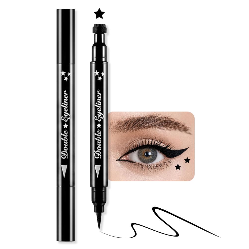 BINGBRUSH Podwójna głowa Liquid Star Eyeliner Ołówek, Kolory Kwiaty Serce Księżyca Kształty twarzy Makijaż kolorowe wodoodporny Slim żel Felt Tip Wysoka pigment Liquid Eyeliner (01 # Gwiazda i czarny)