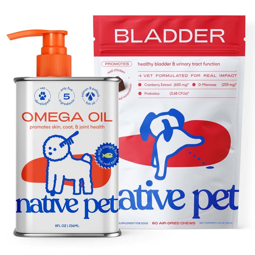 Native Pet Dog UTI Leczenie nad licznikiem & Olej rybny dla psów do wspierania swędzenie skóry + Mobilność 124; 60 Żaby & 8 Oz