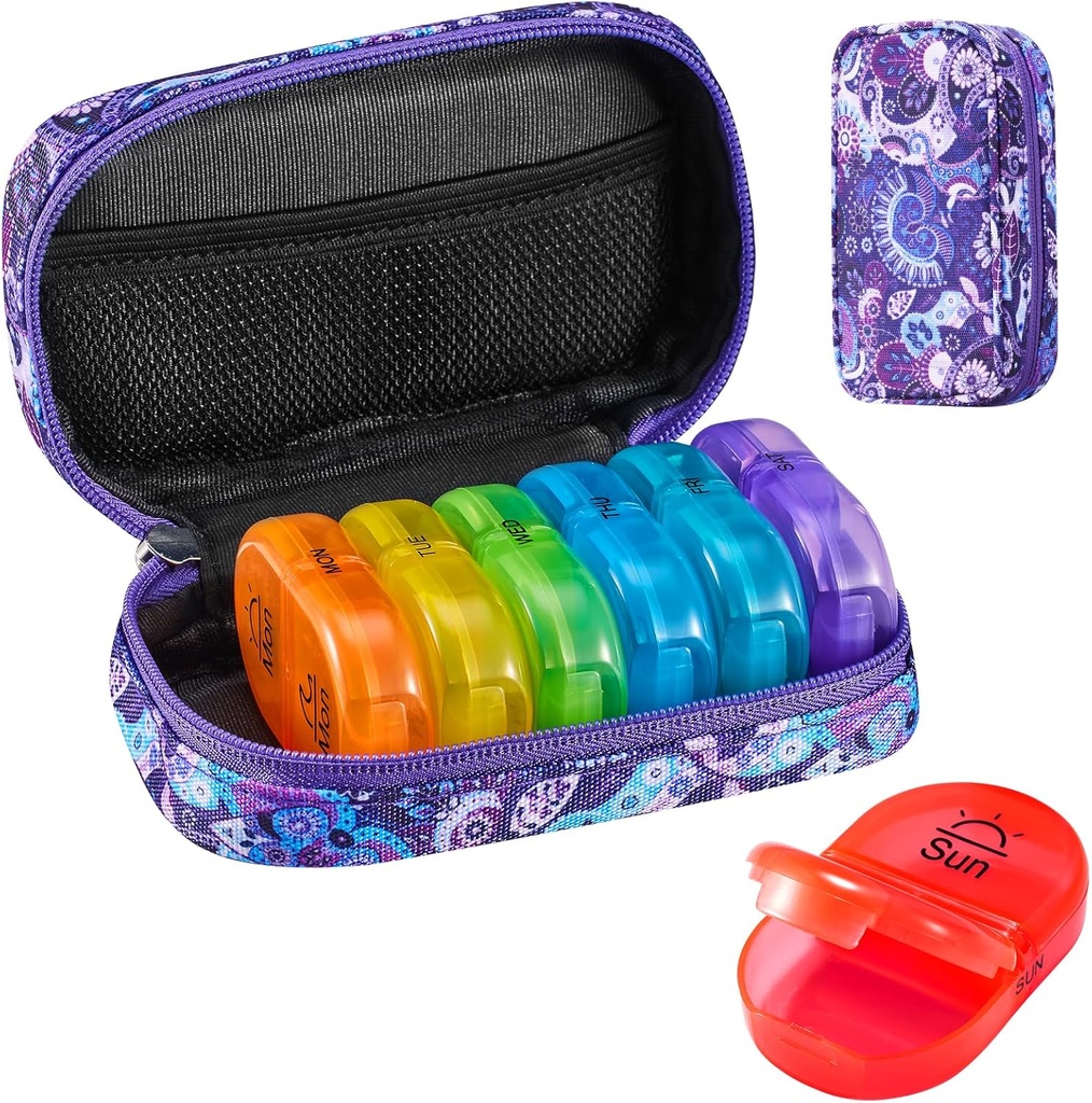 Serfeymi Cotygodniowy Travel Pill Organizator 2 razy w ciągu dnia PM Zmodernizowany Rainbow Pill Box 7 Dzień z przenośnym Zipper Canvas Pill Case, Medicine Organizer for Pills, Witaminy, Oleje rybne - Purpurowy 01