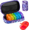 Serfeymi Cotygodniowy Travel Pill Organizator 2 razy w ciągu dnia PM Zmodernizowany Rainbow Pill Box 7 Dzień z przenośnym Zipper Canvas Pill Case, Medicine Organizer for Pills, Witaminy, Oleje rybne - Purpurowy 01