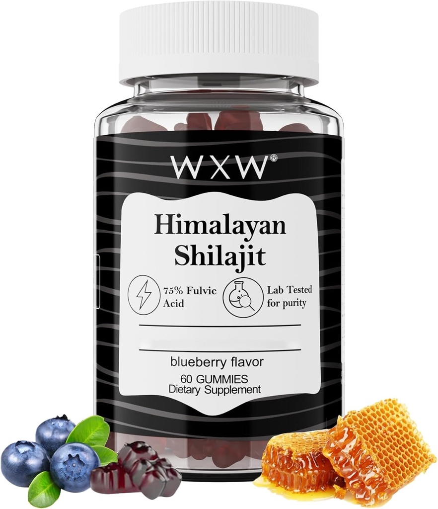 WXW Pure Himalayan Shilajit Gummies is 124; Fulvic Acid & 85 + Trace Minerals is 124; Ashwagandha, Gokshura is 124; No Added Sugar British 124; for Men, Women, Non-GMO British 124; Lab Tested by 124; 100% Natural British 124; Enhance Immunity 60 Gummy