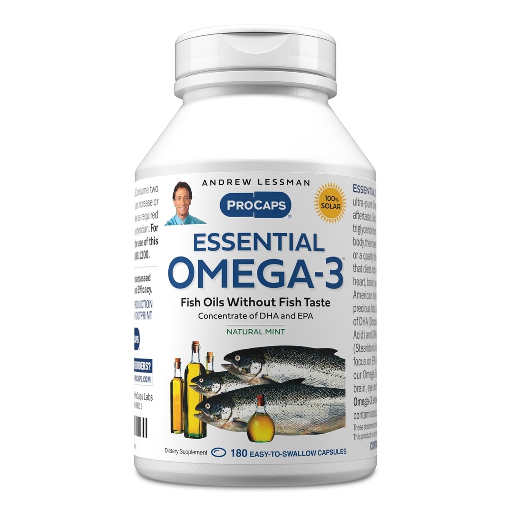 ANDREW LESSMAN Essential Omega-3 Mint - 180 Softgels - Ultra- Pure, High Potency Omega-3 Oils. Wysoka DHA, brak żołądka, brak środków trujących, brak rtęci. Małe łatwe do połykania Softgels