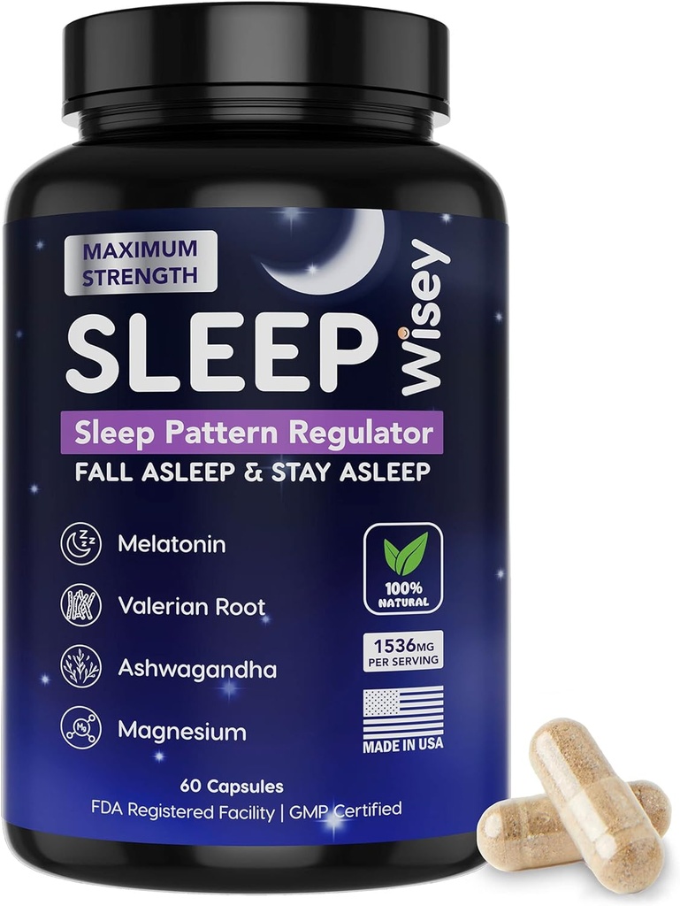 Wisey Natural Sleep Aid - Promotes Healthy Sleep and Relaxation - Ziołowy suplement do snu dla dorosłych z Valerian, Melatonin, Magnez, Ashwagandha - Non-Habit Forming - 60 Kapsułki