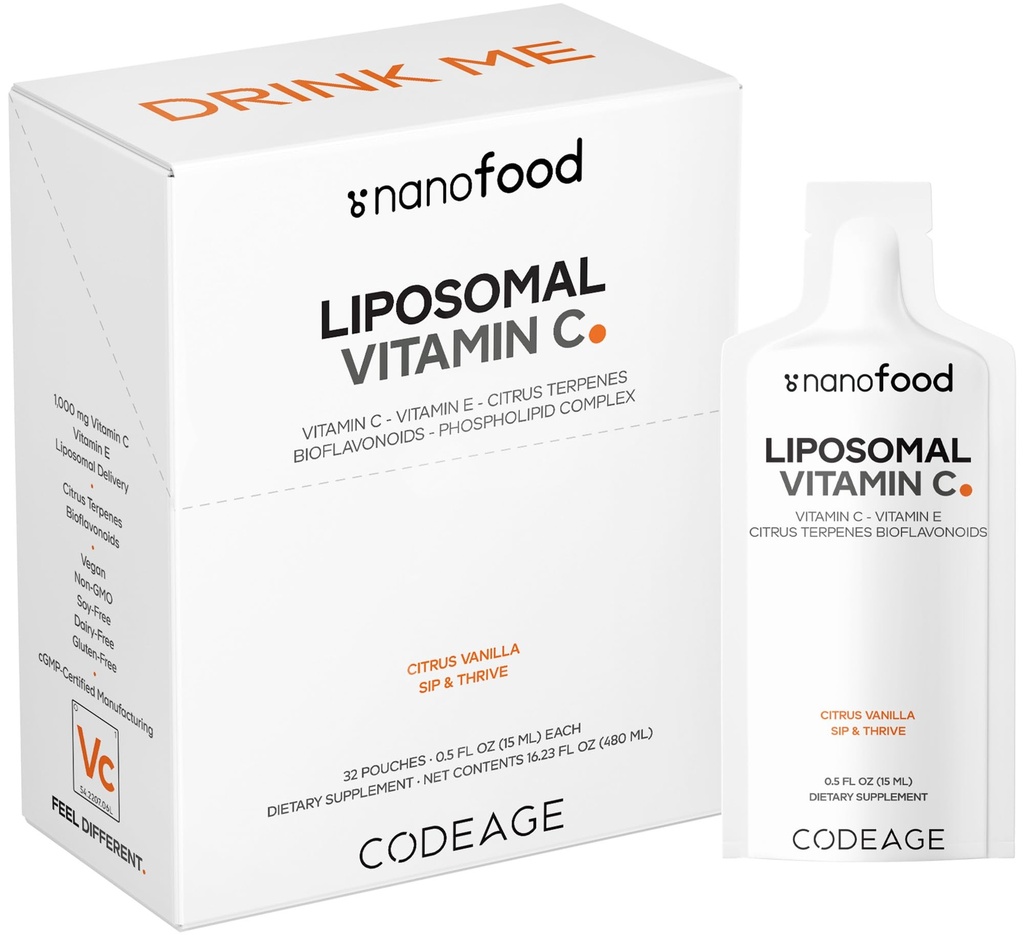 Codeage Liposomalna Witamina C Płyn 1000mg Witamina C, 4000mg Esencjalne fosfolipidy, Suplement do Codzienne Wsparcie immunologiczne, Liposomy Wchłanianie, Citrus Bioflavonoids, Witamina E, Non-GMO, 32 Pouches
